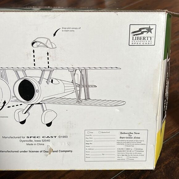 1993 EAA John Deere Airplane Bank Spec Cast Stock Number 37516 excellent Conditi - Picture 7 of 16